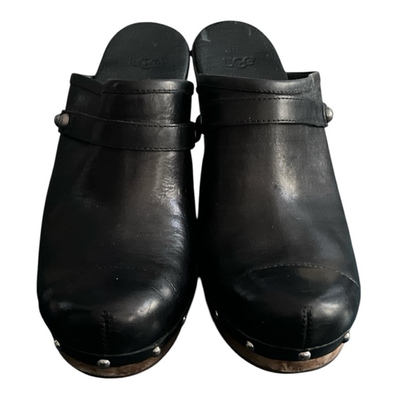 UGG Australia Jolene Heeled Clogs Black Leather Wood Shear Silver Studs Size 10 - Picture 2 of 6